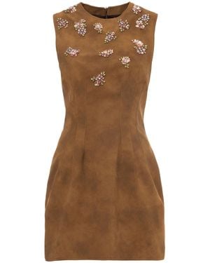 DES_PHEMMES Embroidered Faux Suede Mini Dress - Brown