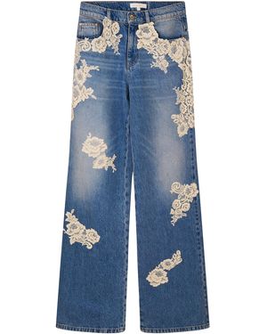 LoveShackFancy Bambie Lace-Detailed Denim Wide-Leg Jeans - Blue