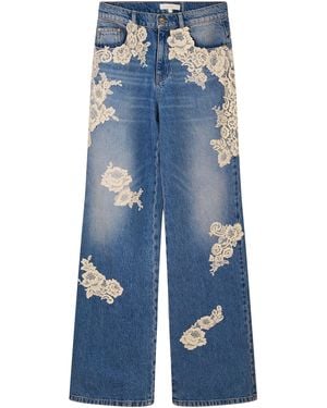 LoveShackFancy Bambie Lace-Detailed Denim Wide-Leg Jeans - Blue