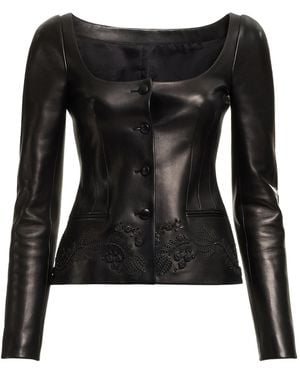Elie Saab Embroidered Leather Scoop Neck Jacket - Black