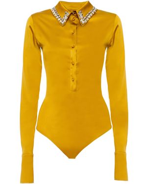 DES_PHEMMES Embellished Satin Polo Bodysuit - Yellow