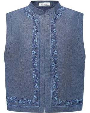 Into The East Embroidered Linen Vest - Blue