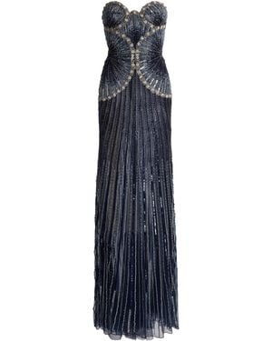 Zuhair Murad Tulle Sand Shell Embroidered Long Dress - Blue