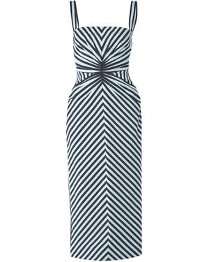 Carolina Herrera Sleeveless Striped Gathered-Waist Midi Dress - Blue