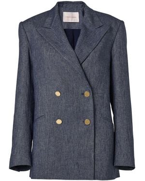 Carolina Herrera Double-Breasted Linen-Cashmere Blend Blazer - Blue