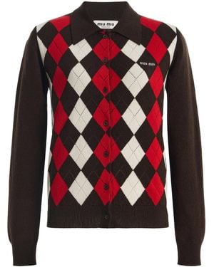 Miu Miu Argyle Cashmere Cardigan - Red