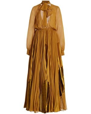 Sergio Hudson Blouson-tie Pleated Silk Maxi Dress - Natural