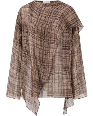 Into The East Plaid Ombre Shawl Silk Top - Brown