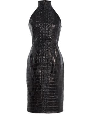 Balmain Croc-Embossed Leather Midi Halter Dress - Black
