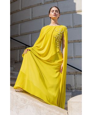 La Plain Mossglow Embellished Chiffon Caftan - Yellow