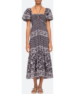 Sea Jasper Border Puff-Sleeve Cotton Midi Dress - White