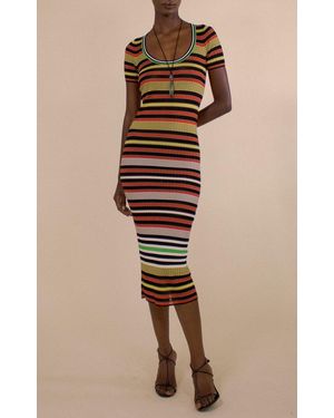 Christopher John Rogers Sheer Ribbed Striped Scoop Neck Midi Dress - Natural