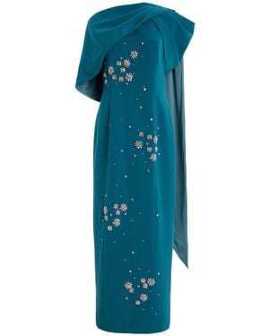 Huishan Zhang Isolde Cape-Detailed Crystal-Embellished Crepe Gown - Blue