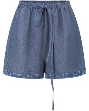 Into The East Embroidered Linen Shorts - Blue