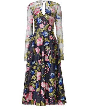 Naeem Khan Sequin Floral Lace V-Neck Long Sleeve Cocktail Dress - Blue