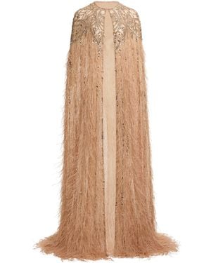 Elie Saab Bead-Embroidered Feather-Embellished Silk-Blend Cape - Natural