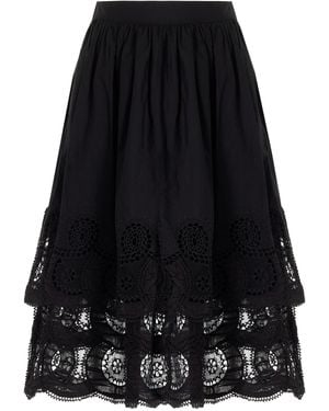 Sea Drea Embroidered Cotton Tiered Midi Skirt - Black