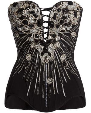 Zuhair Murad Heavy Cady Palm Leaf Embroidered Corset Top - Black