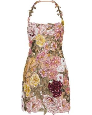 Oscar de la Renta Floral-Embroidered Tulle Mini Halter Dress - Multicolour