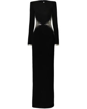Naeem Khan Beaded Waist Long Sleeve Crepe Column Gown - Black