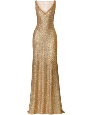 Naeem Khan Illusion V-Neck Sleeveless Stretch Sequin Gown With Crystal Trim - Natural