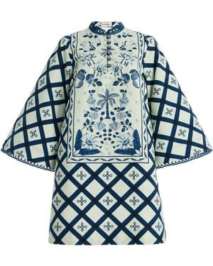 VERANDAH Cotton-Hemp Mini Kaftan Dress - Blue