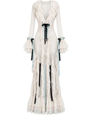 Salma Osman Exclusive Ribbon-Trimmed Ruffle Cotton-Blend Maxi Dress - Natural