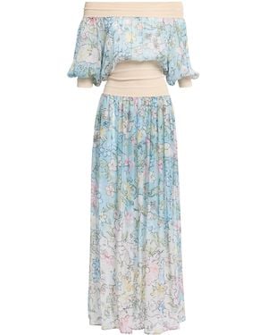 Elie Saab Printed Chiffon Long Dress With Knit Trim - Blue