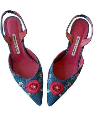 Dear Clementine Vintage Manolo Blahnik Denim Floral Embroidered Court Shoes