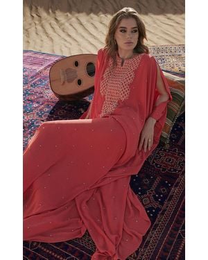 Bthaina Hand-Embellished Chiffon Caftan Dress - Red