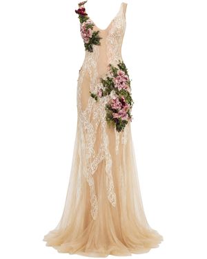 Salma Osman Exclusive Embellished Sheer Lace Gown - Natural