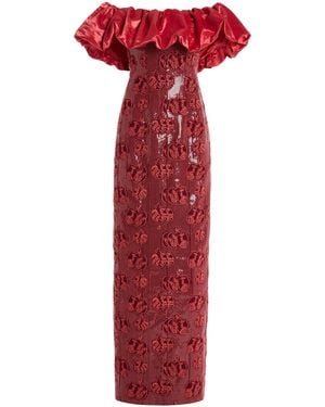 Markarian Rowan Off-The-Shoulder Sequined Column Gown - Red