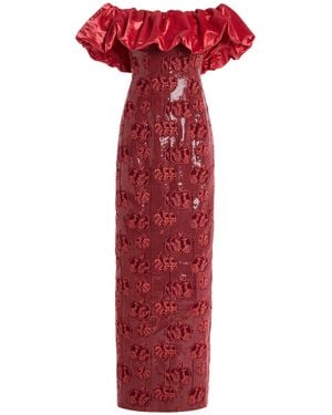 Markarian Rowan Off-The-Shoulder Sequined Column Gown - Red