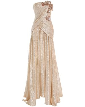 Oscar de la Renta Strapless Satin Orchid Embroidered Lame Mousseline Gown - Natural