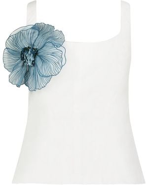 Lela Rose Peony-Embroidered Cotton-Poplin Scoop-Neck Top - Blue
