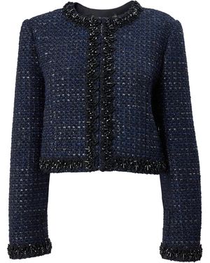 Carolina Herrera Embellished Accent Grid Tweed Jacket - Blue