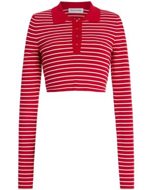 Frankie Shop Exclusive Riviera Gisele Cropped Striped Knit Polo Shirt - Red