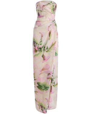 Monique Lhuillier Floral-Print Ruched Silk Gown - White