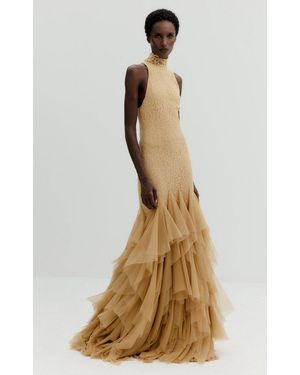 De La Vali Angelite High-Neck Tulle Maxi Dress - Metallic