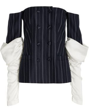 Hellessy Pelicano Pinstriped Ruched Off-the-shoulder Jacket - Blue