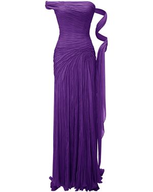 Marmar Halim Pleated One-Shoulder Chiffon Maxi Dress - Purple