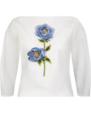 Lela Rose 3D Peony Embroidered Cotton Poplin Top - White