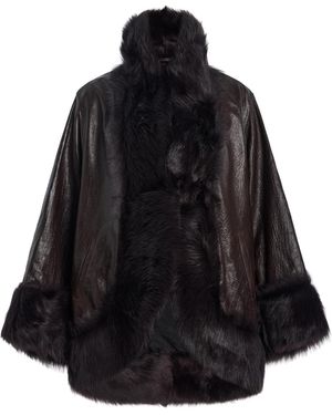Nour Hammour Sabine Shearling-Trimmed Croc-Effect Leather Coat - Black