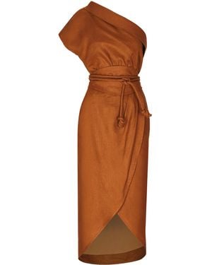 ANDRES OTALORA Habanito Belted Asymmetric Linen Midi Dress - Orange
