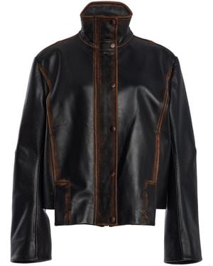 Brandon Maxwell The Mason High-neck Hand Distressed Leather Jacket - Black