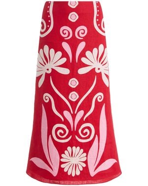 Cala De La Cruz Fabiana Printed Linen Midi Skirt - Red