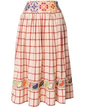 Lena Hoschek Cheeky Cotton Embroidered Plaid A-Line Midi Skirt