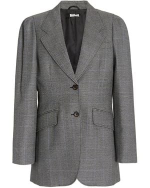 Miu Miu Puff-Sleeve Checked Wool Blazer - Grey