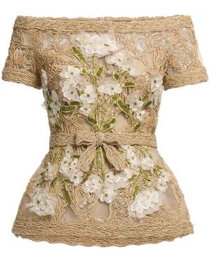 Elie Saab Floral-Embellished Raffia-Embroidered Off-The-Shoulder Top - Natural