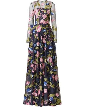Naeem Khan Sequin Floral Lace Long Sleeve Gown - White